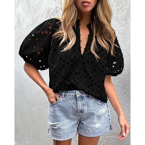 Women's Summer Blouses Cotton Short Sleeve V Neck Buttons Embroidered Casual - Picture 7 of 7